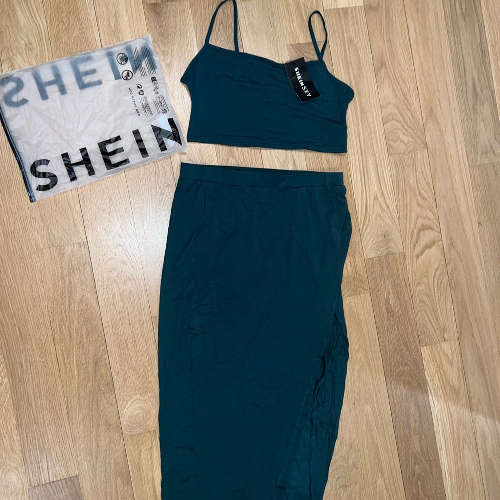 Shein Two piece spaghetti strap top and high rise slit skirt